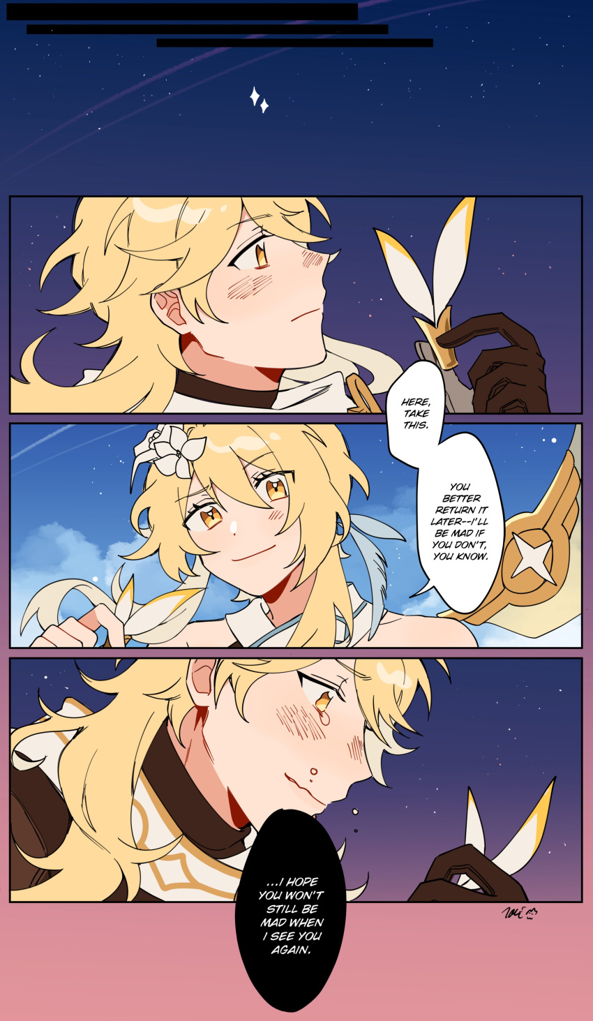 1boy, 1girl, absurdres, aether_(genshin_impact), ahoge, bangs, bare_shoulders, blonde_hair