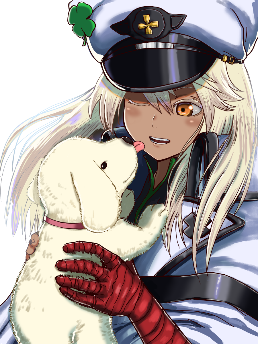 1girl, clover, dog, face_licking, four-leaf_clover, guilty_gear, guilty_gear_strive, hat, highres, licking, magehound, puppy, ramlethal_valentine, silver_hair, user_amdz8785, yellow_eyes