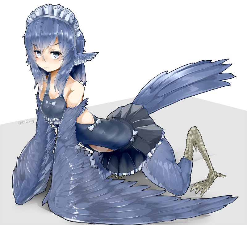 1girl, all_fours, alternate_costume, animal_ears, bird_ears, bird_legs, bird_tail, bird_wings