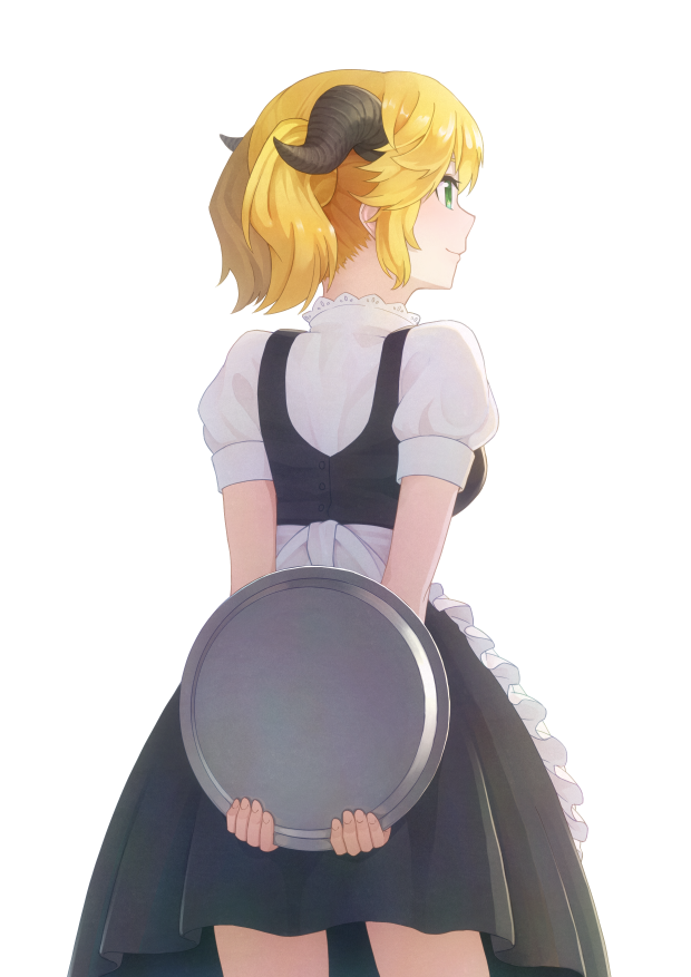 1girl, aletta, apron, black_dress, blonde_hair, closed_mouth, dararito, dress