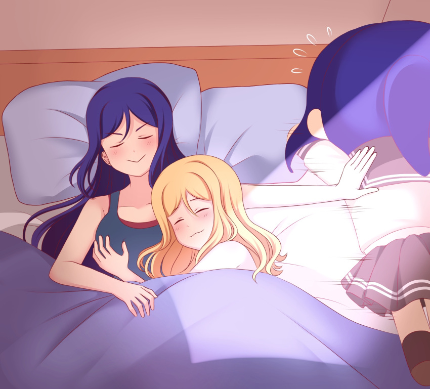 2girls, blonde_hair, blue_hair, blush, flying_sweatdrops, groping, highres, long_hair