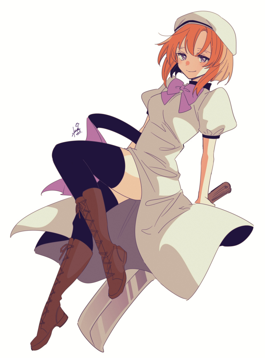 1girl, absurdres, adachi_imaru, beret, black_legwear, blue_eyes, boots, bow