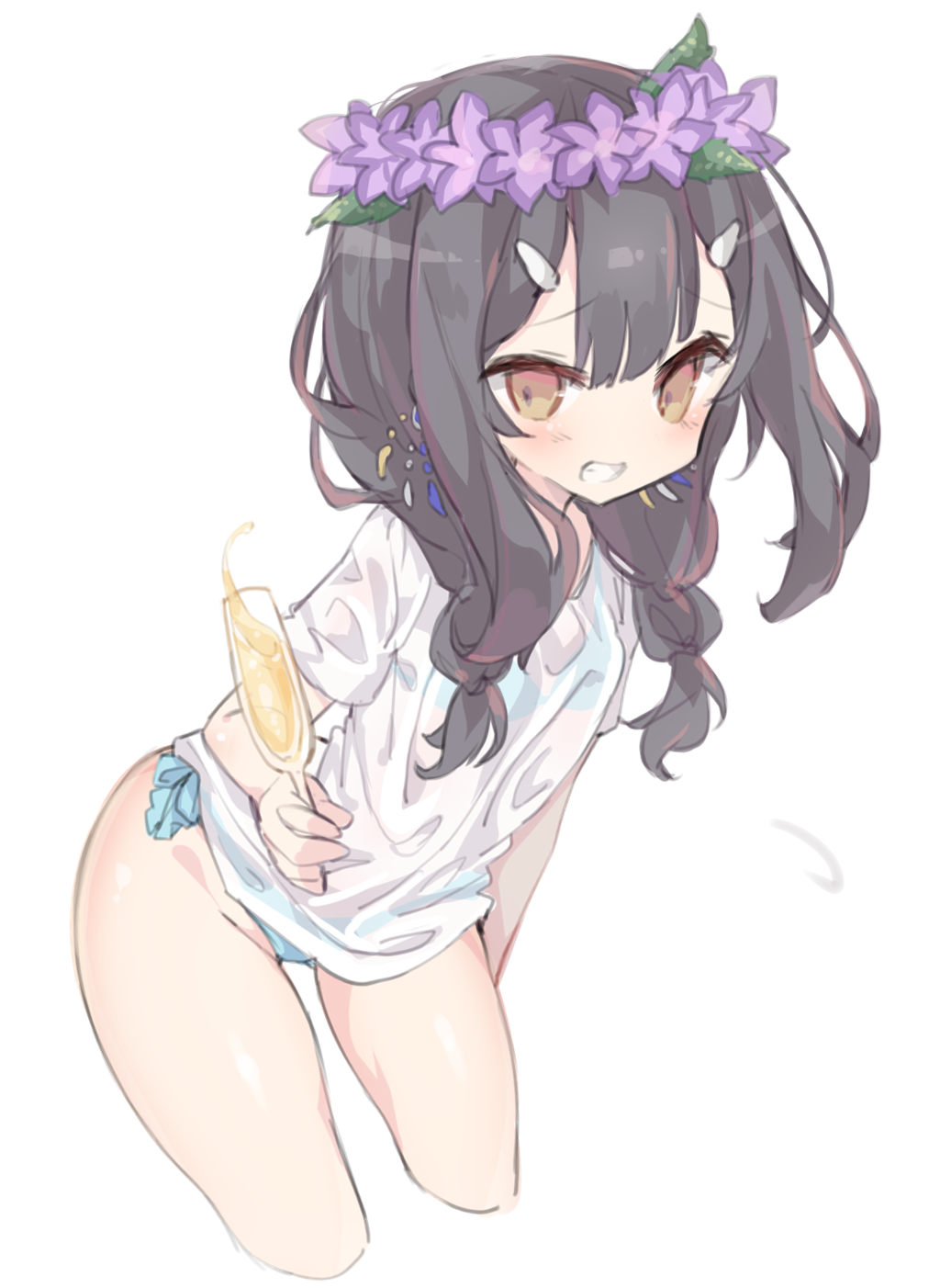 1girl, bangs, bikini, black_hair, blue_bikini, champagne_flute, clenched_teeth, cropped_legs