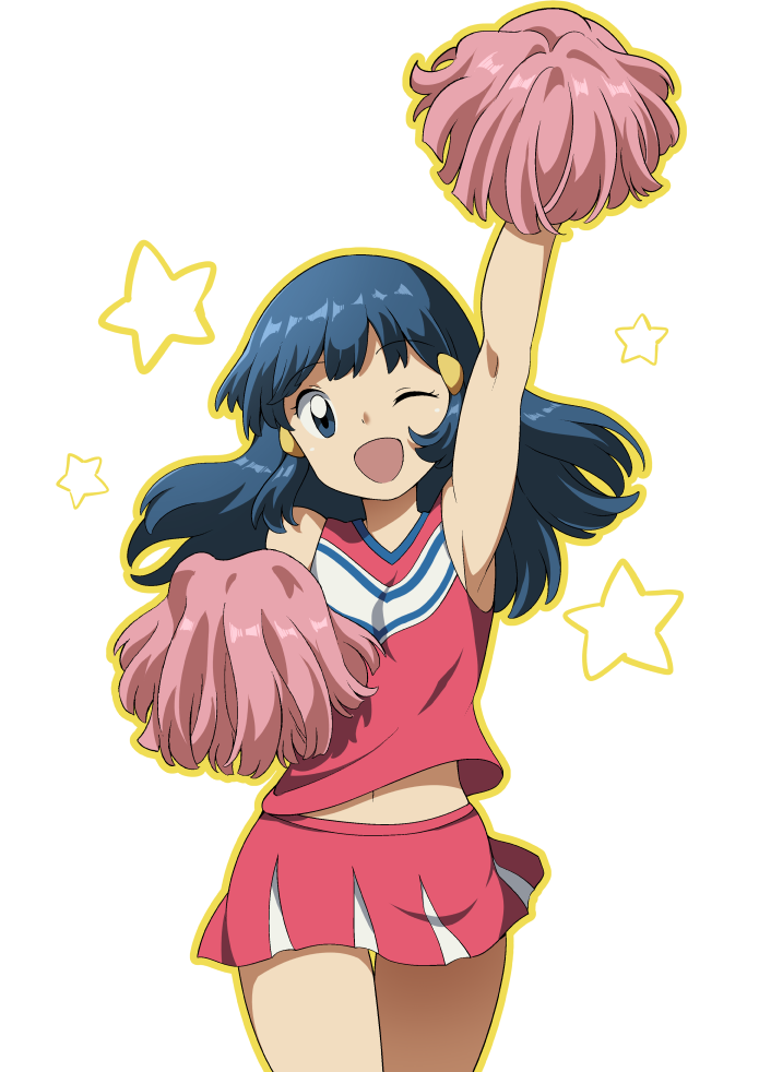 1girl, arm_up, armpits, bangs, bare_arms, blue_hair, cheerleader, commentary