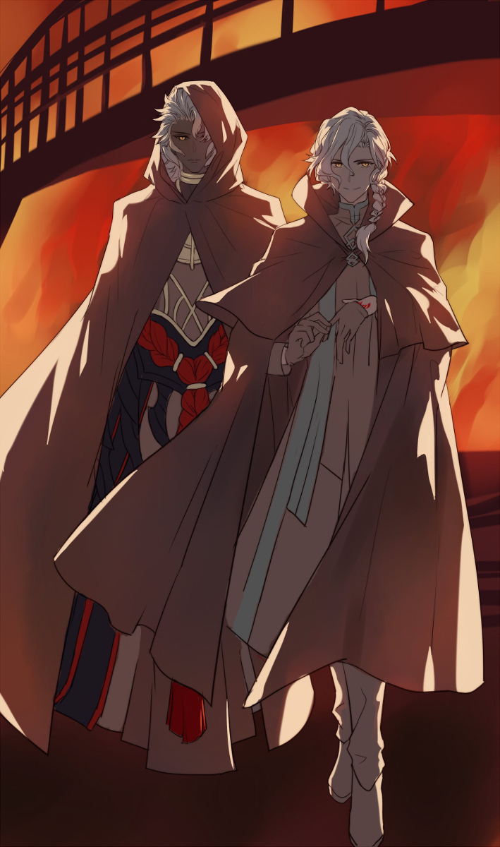 2boys, braid, bridge, cloak, dark_skin, dark_skinned_male, fate/grand_order, fate_(series)