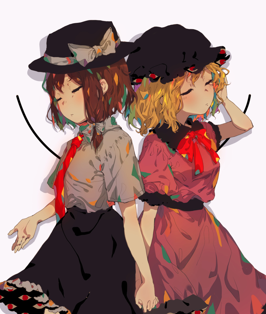 2girls, absurdres, autumn_leaves, bow, fedora, flower, guozimiao, hat