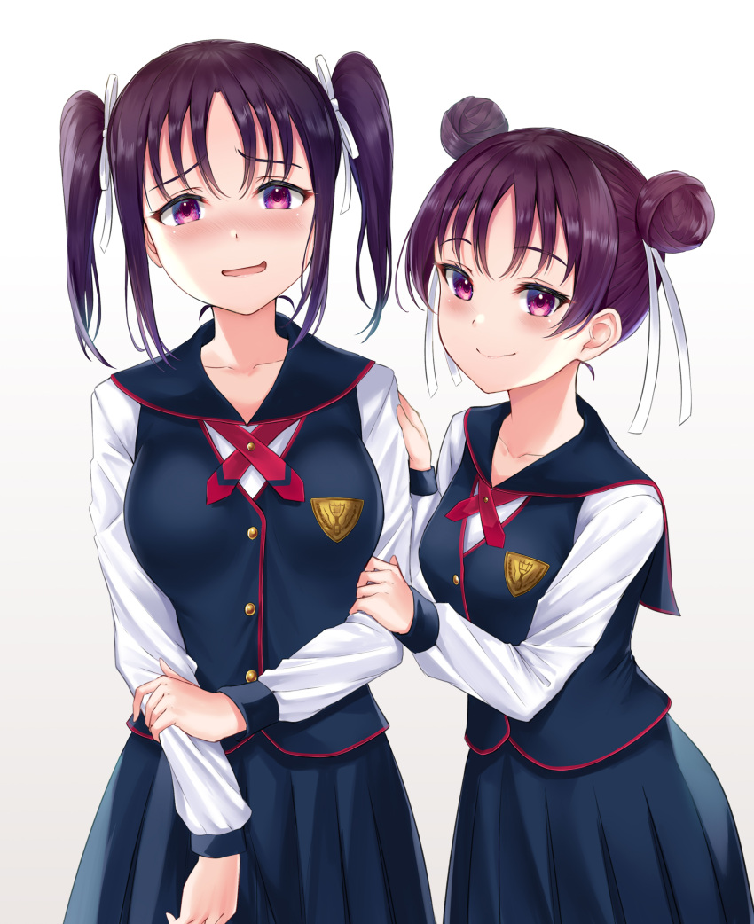 2girls, absurdres, alternate_hairstyle, bangs, blue_skirt, blush, cowboy_shot, double_bun, embarrassed, gradient, gradient_background, grey_background, hair_ribbon, highres, holding_arm, kazuno_leah, kazuno_sarah, long_sleeves, looking_at_viewer, love_live!, love_live!_sunshine!!, miniskirt, multiple_girls, nervous_smile, pleated_skirt, rama_(yu-light8), ribbon, sailor_collar, saint_snow, school_uniform, seisen_school_uniform, shirt, siblings, sisters, skirt, smile, twintails, vest, white_background, white_ribbon, white_shirt