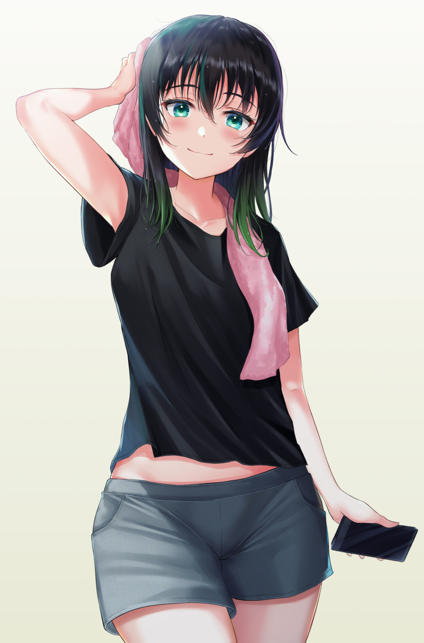 1girl, absurdres, aqua_eyes, arm_up, bangs, black_hair, black_shirt, blush