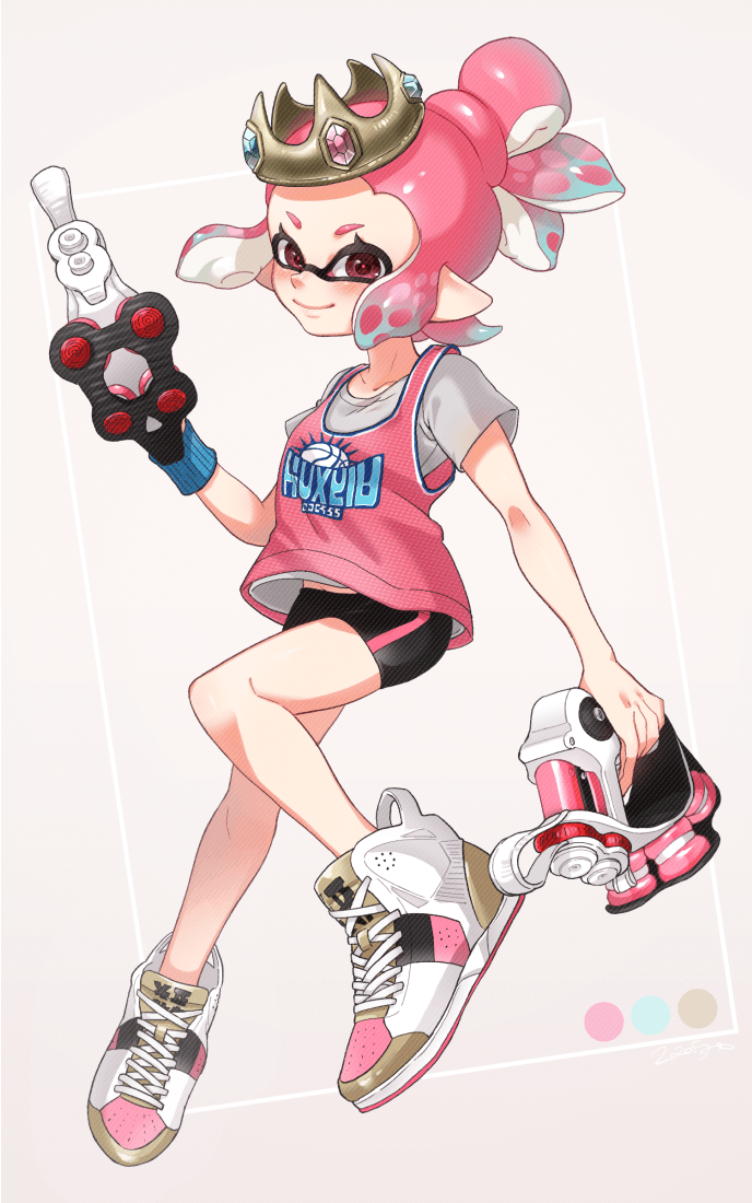 1girl, basketball_jersey, bike_shorts, black_shorts, border, closed_mouth, color_guide, commentary, commission, cross-laced_footwear, crown, dated, domino_mask, dual_wielding, english_commentary, floating, grey_background, grey_headwear, grey_shirt, holding, holding_weapon, inkling, inkling_(language), looking_at_viewer, mask, no_socks, pink_hair, pink_shirt, pointy_ears, shirt, shoes, short_hair, short_shorts, short_sleeves, shorts, single_vertical_stripe, smile, sneakers, solo, splatoon_(series), splatoon_2, tentacle_hair, tetra_dualies_(splatoon), tied_hair, tilted_headwear, violet_eyes, weapon, white_border, white_footwear, wristband, yeneny