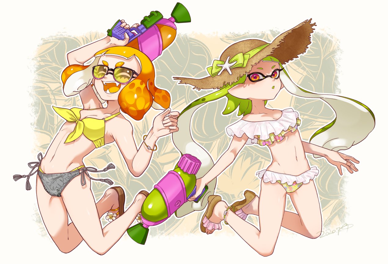 2girls, anklet, arched_back, arm_up, bangs, bikini, black-framed_eyewear, blunt_bangs