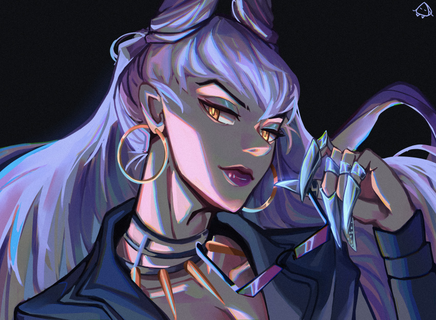 1girl, absurdres, business_suit, claws, demon_girl, earrings, evelynn_(league_of_legends), eyewear_removed, formal, highres, hoop_earrings, huge_filesize, jewelry, league_of_legends, looking_at_viewer, makeup, necklace, silver_hair, solo, succubus, suit, the_baddest_evelynn, todok_kun, yellow_eyes
