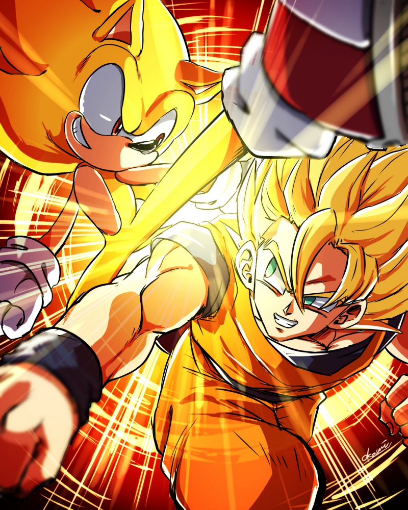 2boys, animal_nose, battle, blonde_hair, bracer, crossover, dougi, dragon_ball