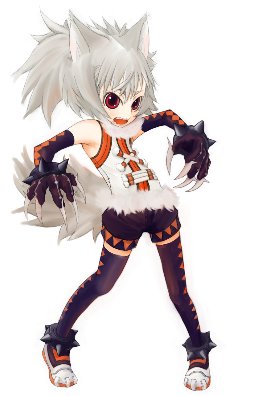 armpits, claws, fang, fangs, flat_chest, grey_hair, highres, inuki