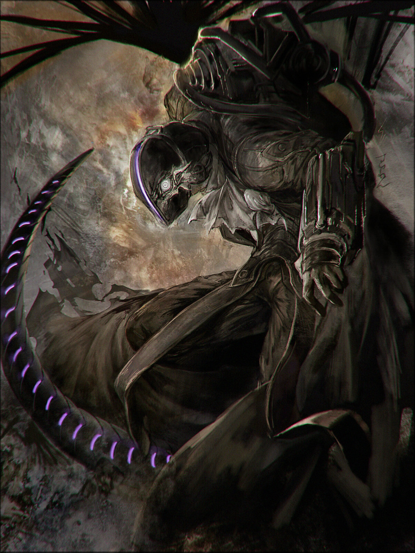 1boy, black_coat, black_gloves, black_pants, bondrewd, cable, coat, commentary_request, feet_out_of_frame, gloves, glowing, helmet, highres, itotani_sairen, leaning_forward, long_sleeves, looking_at_viewer, made_in_abyss, male_focus, overcoat, pants, solo, spoilers, standing, tail, transformation, white_eyes