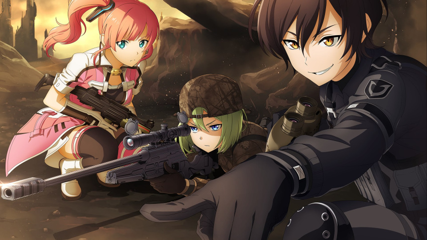 3girls, backwards_hat, black_hair, blue_eyes, brown_eyes, clarence_(sao), green_hair, gun