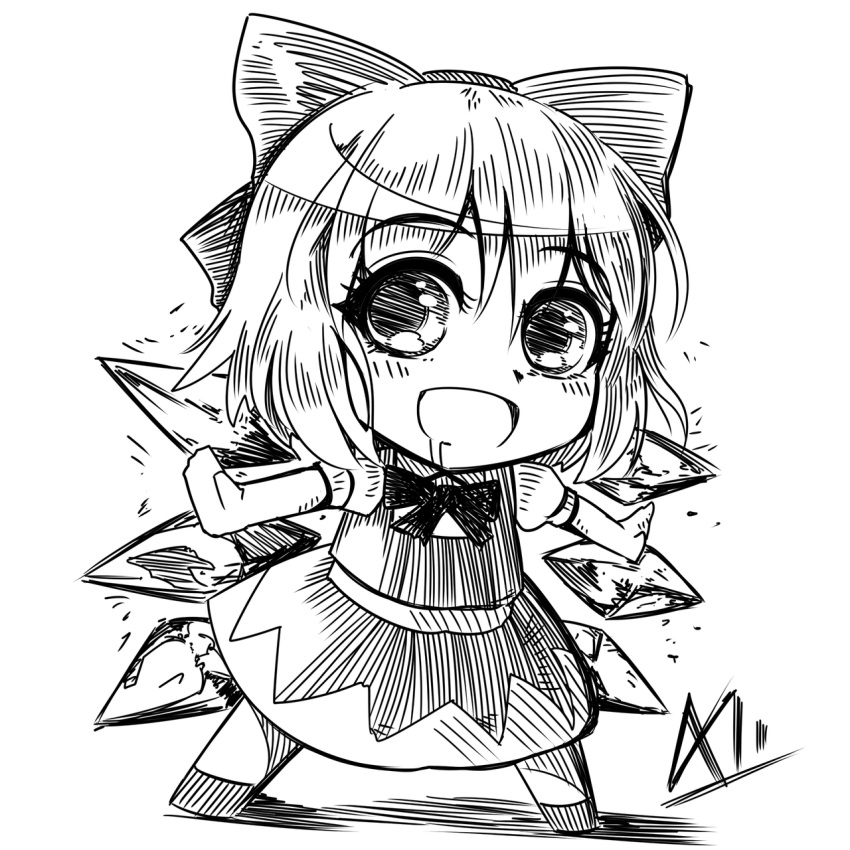 a-xii, bow, chibi, cirno, eyebrows_visible_through_hair, highres, ice, ice_wings