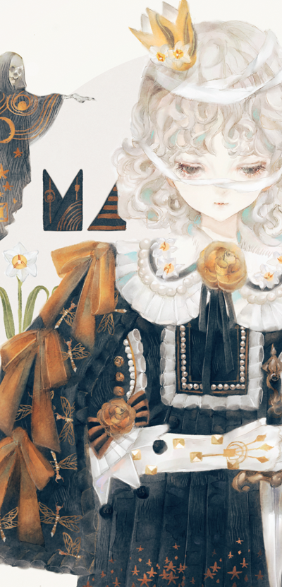 1girl, bandages, black_dress, black_neckwear, black_ribbon, closed_mouth, crown, death_(entity)