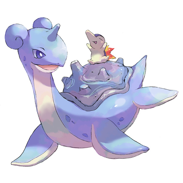 am_(am_pix), commentary_request, cyndaquil, fire, flame, gen_1_pokemon, gen_2_pokemon, lapras, looking_back, no_humans, open_mouth, pokemon, pokemon_(creature), riding_pokemon, smile, tongue, white_background