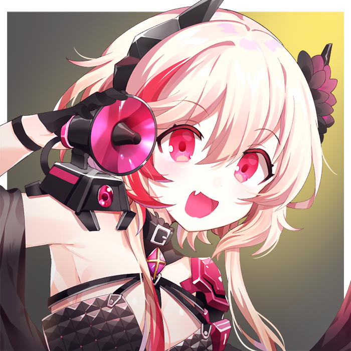 1girl, :d, armpits, bangs, black_dress, black_gloves, blonde_hair, commentary_request, dinergate_(girls_frontline), dress, eyebrows_visible_through_hair, fang, flower, girls_frontline, gloves, hair_between_eyes, hair_flower, hair_ornament, happy, headgear, jin2, m4_sopmod_ii_(girls_frontline), megaphone, multicolored_hair, official_alternate_costume, open_mouth, red_eyes, ro635_(dinergate), smile, solo, streaked_hair