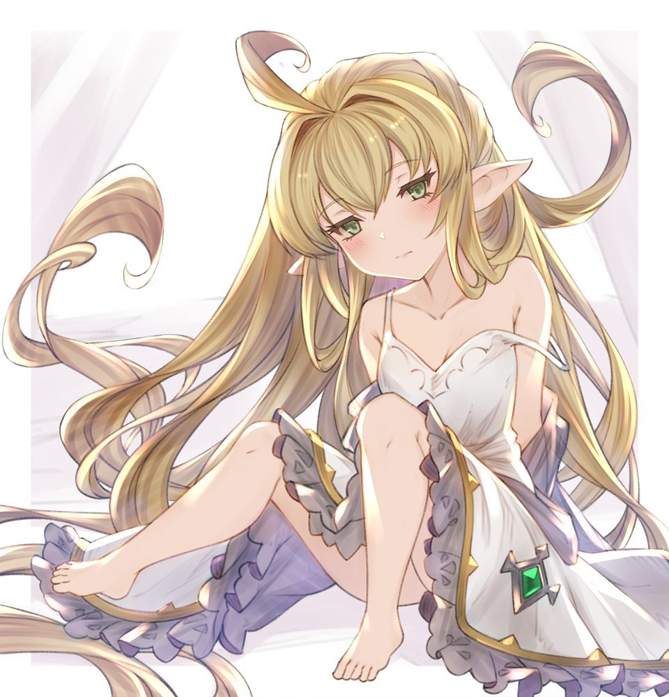 1girl, ahoge, barefoot, blonde_hair, blush, closed_mouth, dress, eyebrows_visible_through_hair