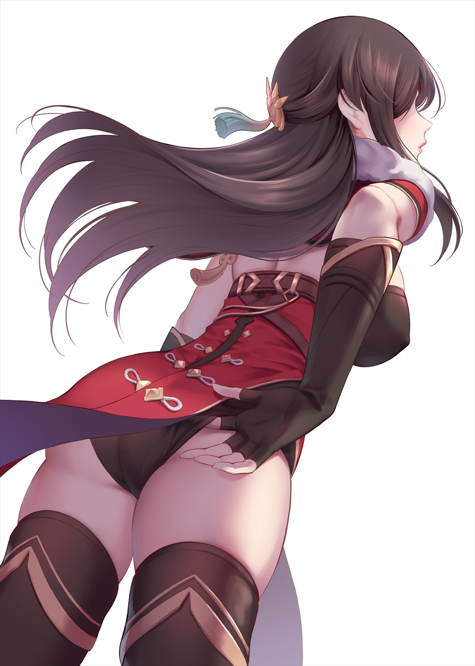 1girl, adjusting_clothes, ass, bangs, beidou_(genshin_impact), blush, breasts, brown_hair
