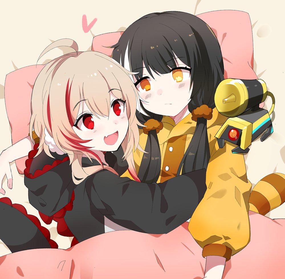 2girls, :d, ahoge, black_hair, blanket, blonde_hair, blush, cuddling