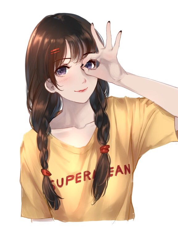 1girl, arm_up, bangs, black_nails, blush, braid, brown_hair, caidychen, closed_mouth, collarbone, commentary, cropped_torso, eyebrows_visible_through_hair, fingernails, hair_ornament, hair_tie, hairclip, lipgloss, lipstick, long_hair, looking_at_viewer, low_twintails, makeup, nail_polish, ok_sign, ok_sign_over_eye, original, pink_lips, print_shirt, shiny, shiny_hair, shirt, short_sleeves, smile, solo, t-shirt, twin_braids, twintails, upper_body, violet_eyes, white_background, yellow_shirt