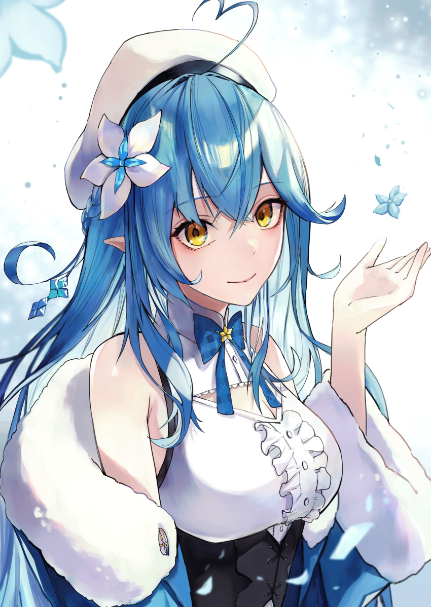 1girl, absurdres, ahoge, bare_shoulders, beret, blue_hair, bow, bowtie