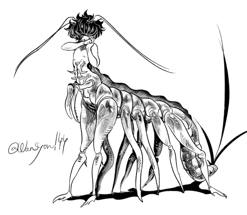 1boy, :d, antennae, centauroid, greyscale, hands_up, insect_boy, monochrome