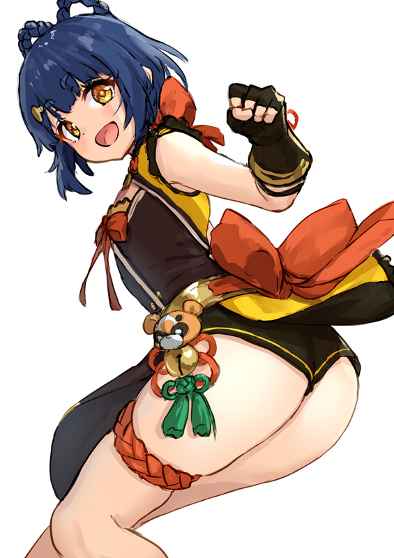1girl, ass, bent_over, black_shorts, blue_hair, china_dress, chinese_clothes, dress