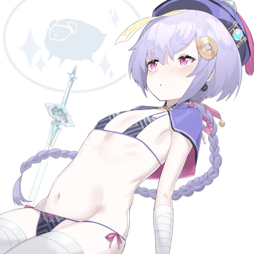 1girl, bikini, blush, braid, braided_ponytail, capelet, flat_chest, genshin_impact