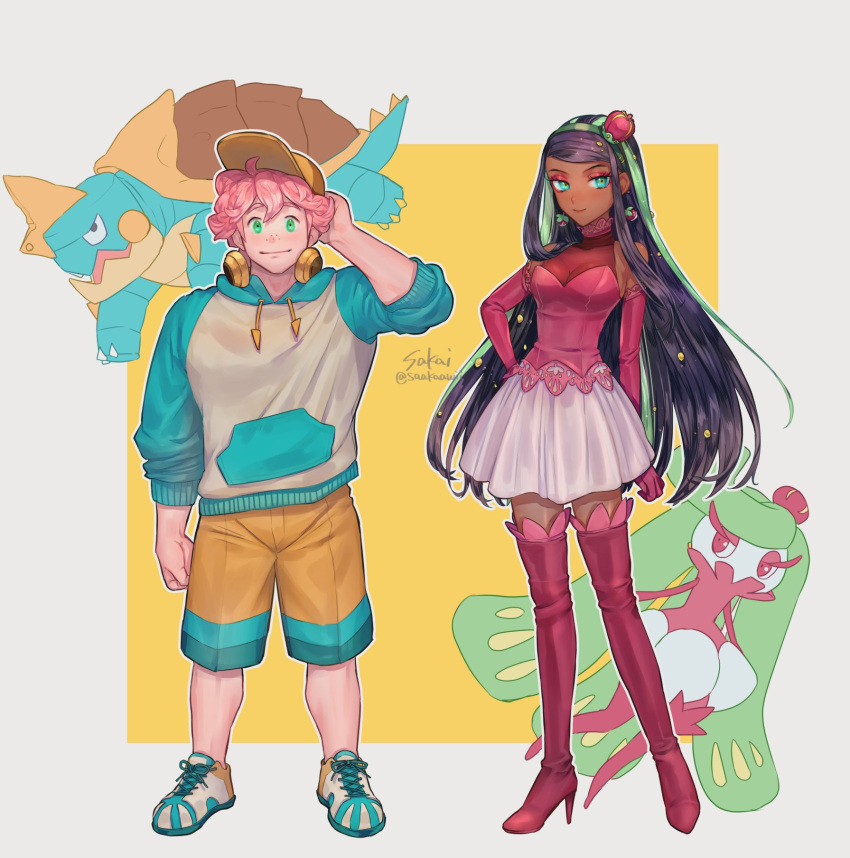 1boy, 1girl, alternate_costume, artist_name, baseball_cap, black_hair, boots, clenched_hand, closed_mouth, commentary_request, cosplay, drednaw, drednaw_(cosplay), freckles, gen_7_pokemon, gen_8_pokemon, green_eyes, green_hair, hand_up, hat, highres, hood, hoodie, light_smile, long_hair, milo_(pokemon), multicolored_hair, nessa_(pokemon), pink_hair, pokemon, pokemon_(game), pokemon_swsh, sakai_(motomei), shoes, shorts, standing, thigh-highs, thigh_boots, tsareena, tsareena_(cosplay), two-tone_hair, watermark
