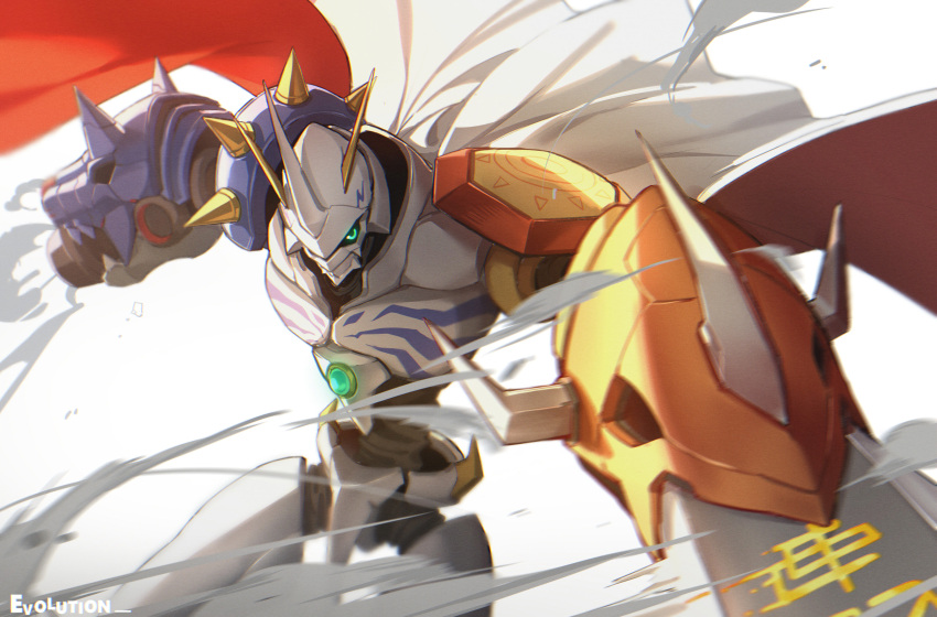 absurdres, armor, cape, digimon, gun, highres, horns, looking_at_viewer