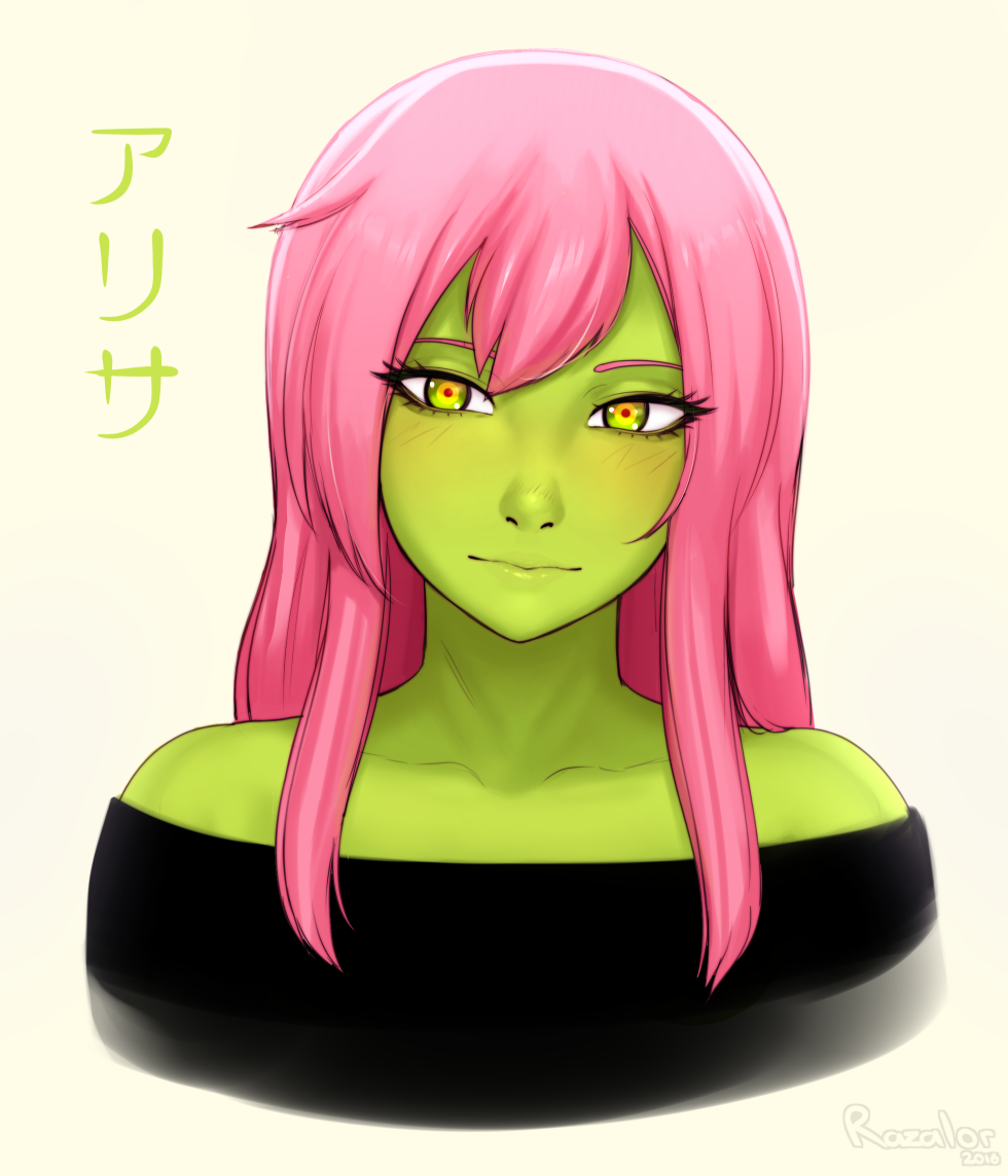 1girl, alisa_(razalor), black_sweater, blush, character_name, closed_mouth, collarbone, commentary