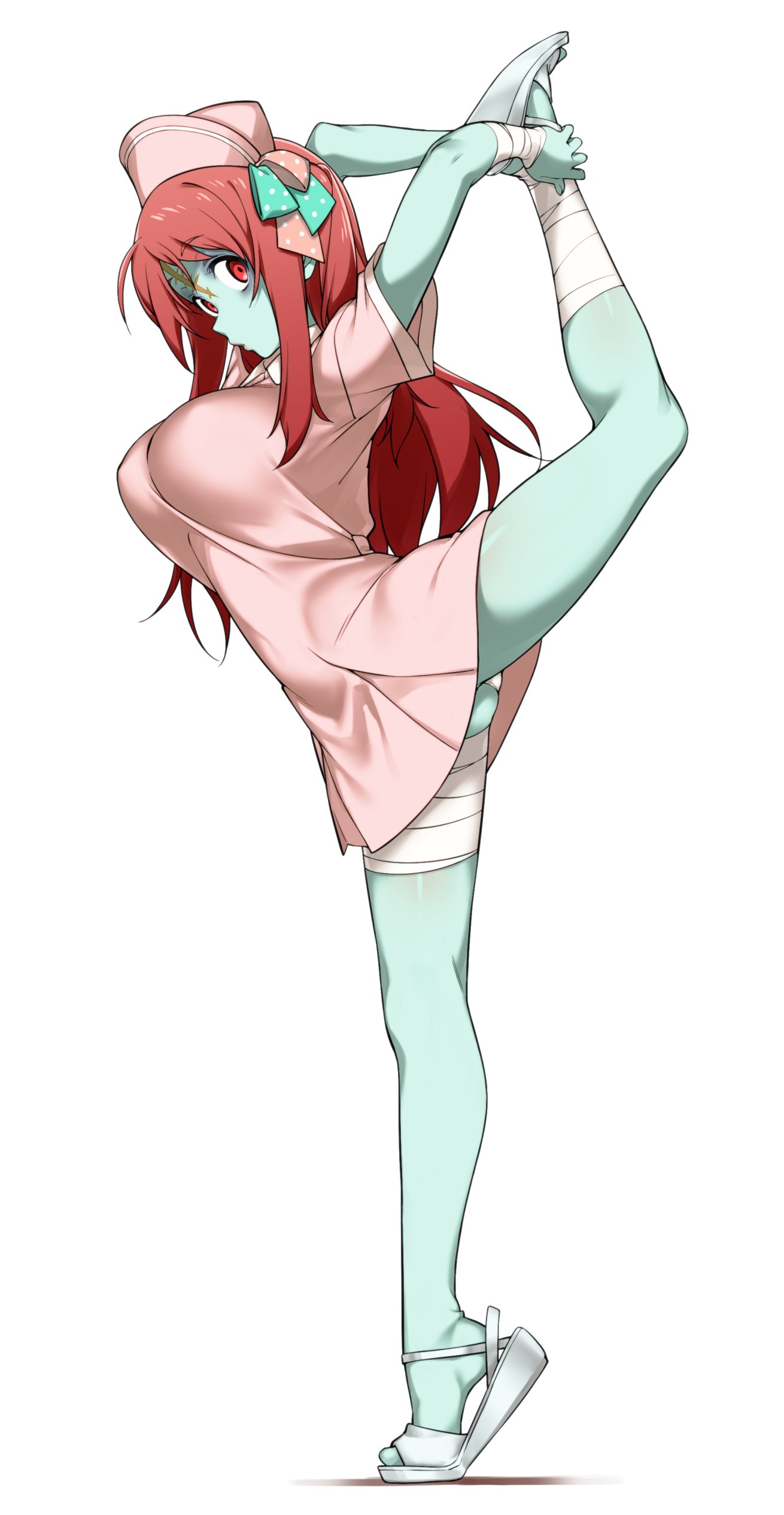 1girl, absurdres, bandaged_leg, bandages, breasts, commentary, eyebrows_visible_through_hair, facial_scar