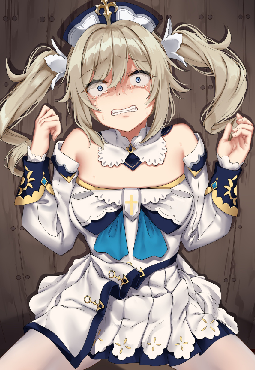 1girl, absurdres, bangs, barbara_(genshin_impact), bare_shoulders, blonde_hair, blue_eyes, breasts, clenched_teeth, detached_sleeves, dress, drill_hair, eyebrows_visible_through_hair, genshin_impact, hair_ornament, hands_up, hat, highres, jaku_denpa, long_hair, long_sleeves, looking_at_viewer, lying, medium_breasts, pantyhose, scared, solo, spread_legs, sweat, tears, teeth, twin_drills, twintails, white_dress, white_headwear, white_legwear