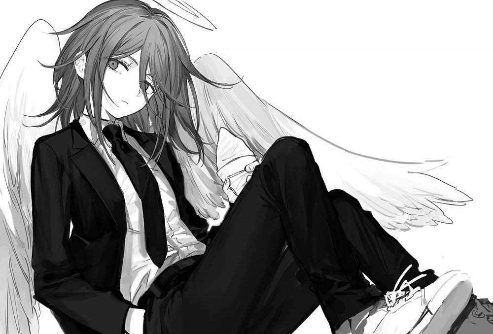 1boy, akira_hou, androgynous, angel, angel_devil_(chainsaw_man), angel_wings, bangs, business_suit, chainsaw_man, eyebrows_visible_through_hair, food, formal, greyscale, hair_between_eyes, halo, hand_in_pocket, holding, holding_food, ice_cream, ice_cream_cone, jacket, long_hair, long_sleeves, male_focus, monochrome, necktie, pants, shoes, simple_background, sneakers, solo, suit, suit_jacket, suit_pants, white_background, white_shirt, white_wings, wings
