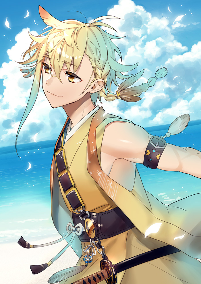 1boy, beach, blonde_hair, blue_sky, braid, chiganemaru_(touken_ranbu), clouds, feathers
