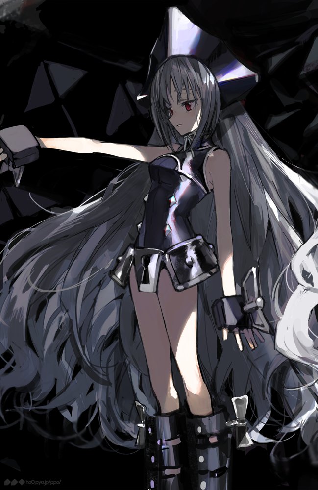 1girl, akira_hou, bangs, black_footwear, boots, breasts, chastity_belt, dark_background