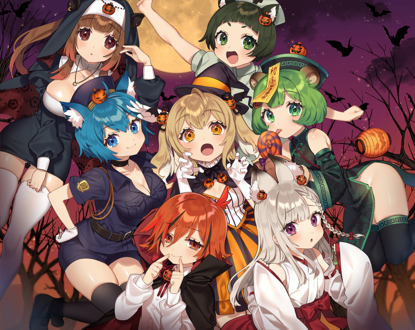 6+girls, animal_ear_fluff, animal_ears, animare, bear_ears, bear_hair_ornament, bear_paws, black_ribbon