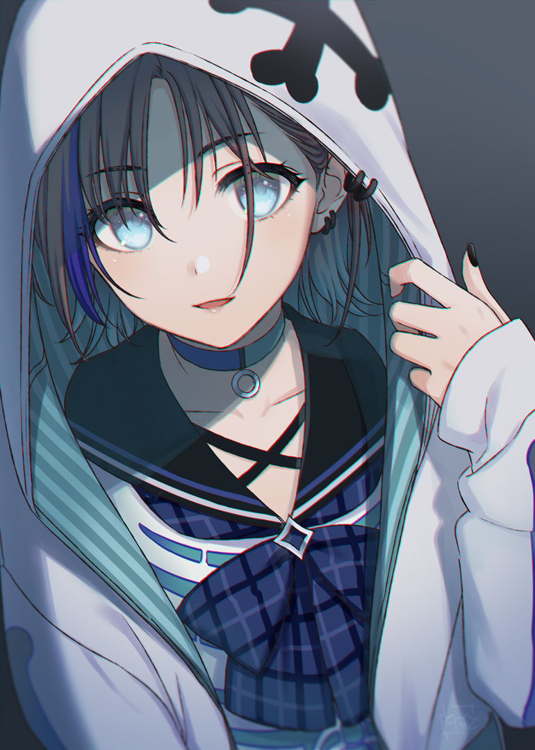 1girl, adjusting_clothes, asakura_tooru, bangs, black_hair, black_nails, black_neckwear, blue_eyes, blue_hair, choker, collarbone, earrings, eyebrows_visible_through_hair, gradient_hair, grey_background, hood, hoodie, idolmaster, idolmaster_shiny_colors, jewelry, looking_at_viewer, multicolored_hair, nail_polish, necklace, open_clothes, open_hoodie, open_mouth, parted_bangs, piercing, school_uniform, serafuku, shirt, short_hair, simple_background, smile, solo, streaked_hair, tobade_(tbdfactory), white_shirt