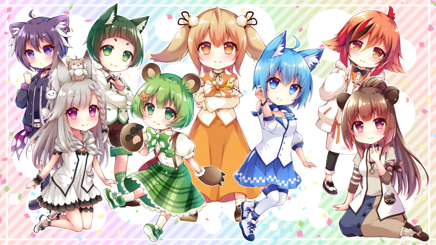 6+girls, animal_ear_fluff, animal_ears, animare, bear_ears, bear_hair_ornament, bear_paws, black_ribbon