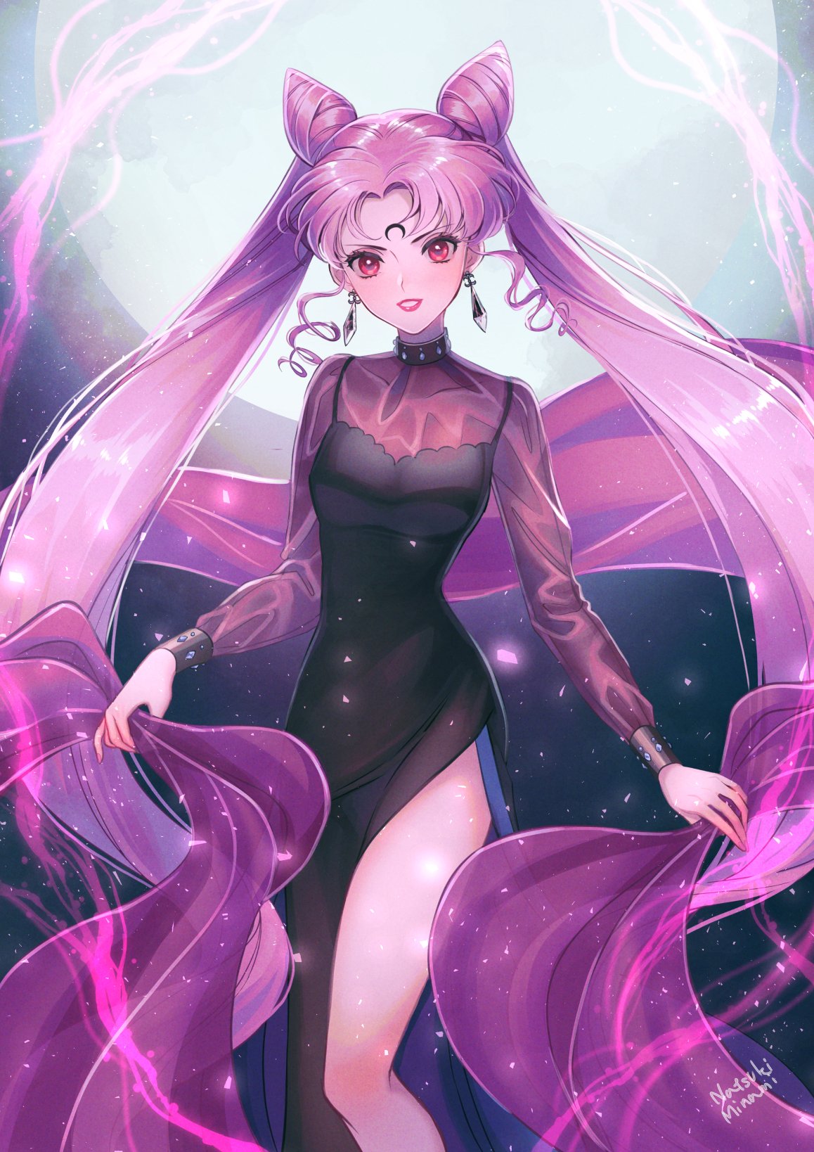 1girl, bishoujo_senshi_sailor_moon, black_dress, black_lady, chibi_usa, crescent, double_bun, dress, earrings, facial_mark, forehead_mark, full_moon, highres, jewelry, lipstick, long_hair, makeup, moon, natsuki_nori, older, pink_hair, red_eyes, red_lipstick, sash, signature, smile, solo, twintails
