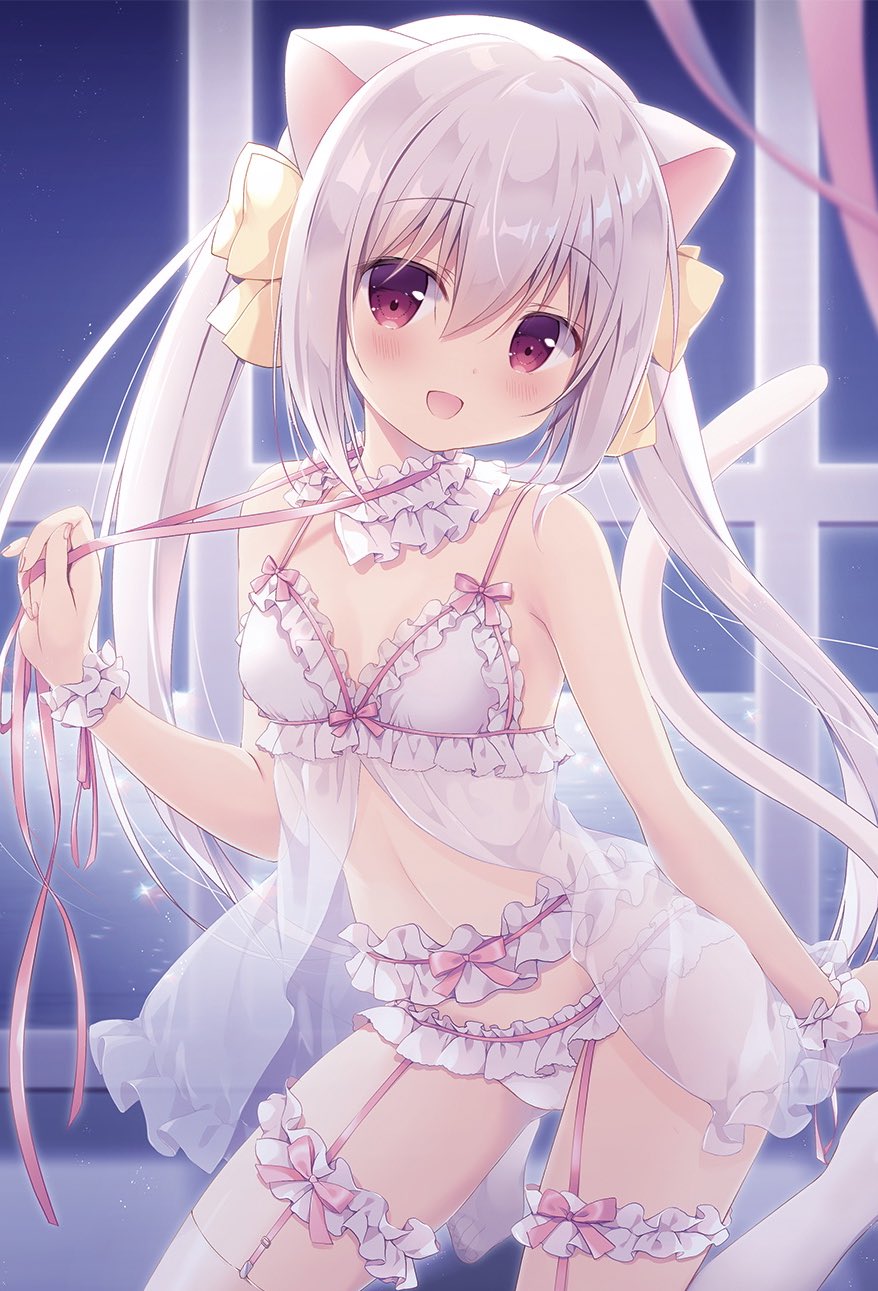 1girl, :d, animal_ears, babydoll, bangs, bare_shoulders, blush, bow