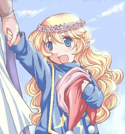 carlie, charlotte, charlotte_(seiken_densetsu_3), crown, flower, flower_crown, hand_holding, hat, head_wreath, holding_hands, lowres, oekaki, pointy_ears, seiken_densetsu, seiken_densetsu_3
