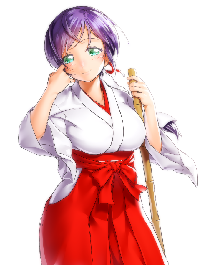 1girl, breasts, broom, closed_mouth, cowboy_shot, green_eyes, hakama, hand_up