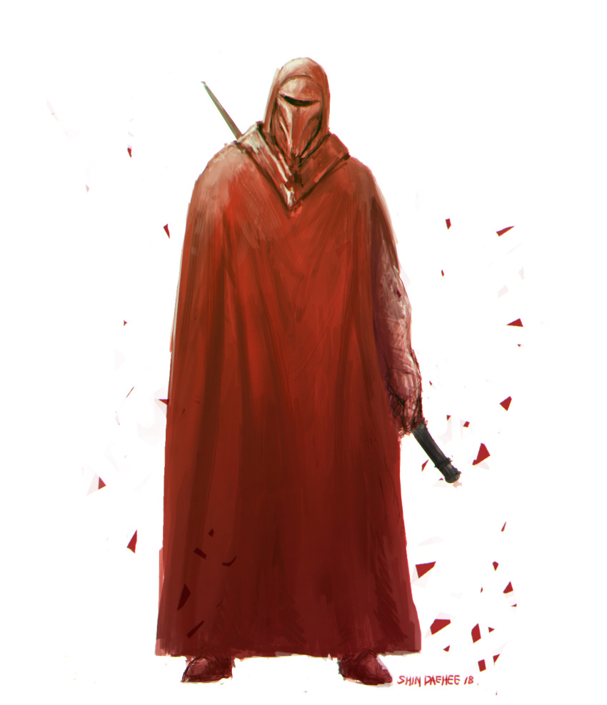1boy, artist_name, babyj0, helmet, highres, holding, holding_staff, imperial_guard_(star_wars), looking_to_the_side, robe, solo, staff, standing, star_wars, visor, white_background