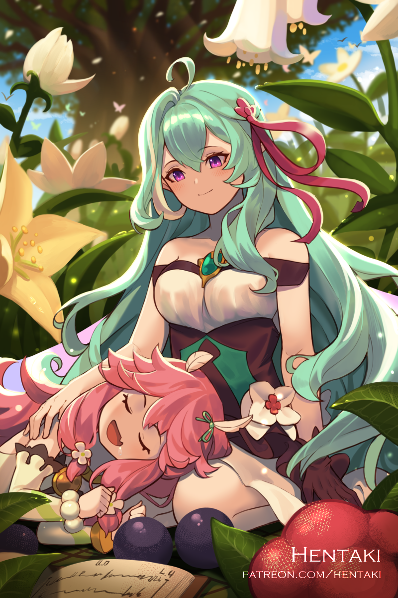 2girls, :d, ahoge, artist_name, bangs, book, breasts, brown_gloves