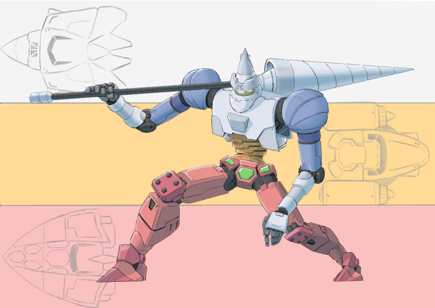 amy_(oziah233), chinese_commentary, drill, getter-2, getter_robo, glowing, glowing_eyes, holding, holding_lance, holding_polearm, holding_weapon, lance, mecha, no_humans, polearm, redesign, solo, squatting, standing, super_robot, weapon, yellow_eyes