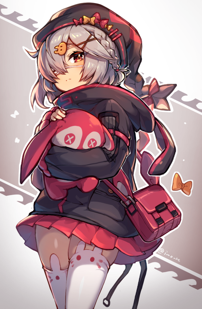 1girl, arknights, bag, bangs, black_headwear, black_jacket, braid, commentary_request